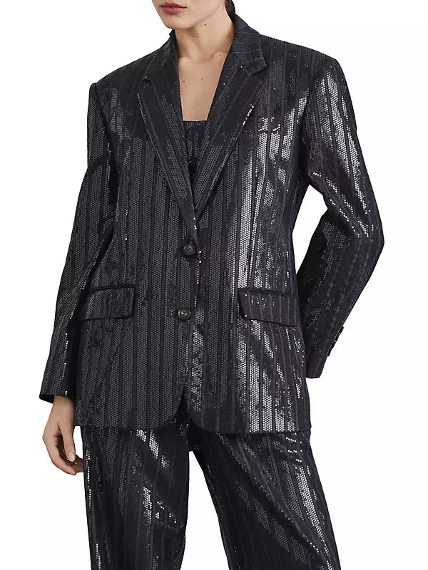 Sequin-Stripe Blazer Jacket with matching pants, stylish and perfect for any occasion