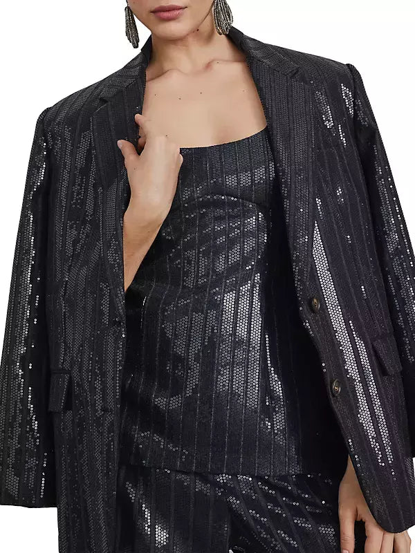 Black sequined blazer in sequin-stripe blazer jacket style for a chic look