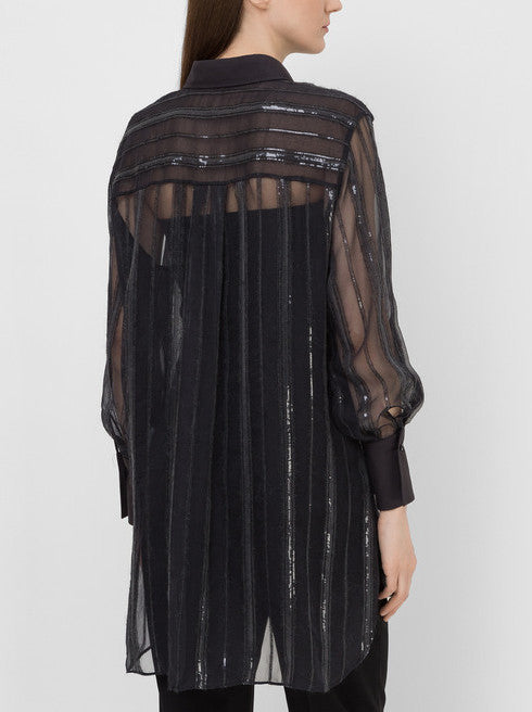 Black sheer button-down shirt in Sequin-Stripe Silk-Blend Semi-Sheer Blouse