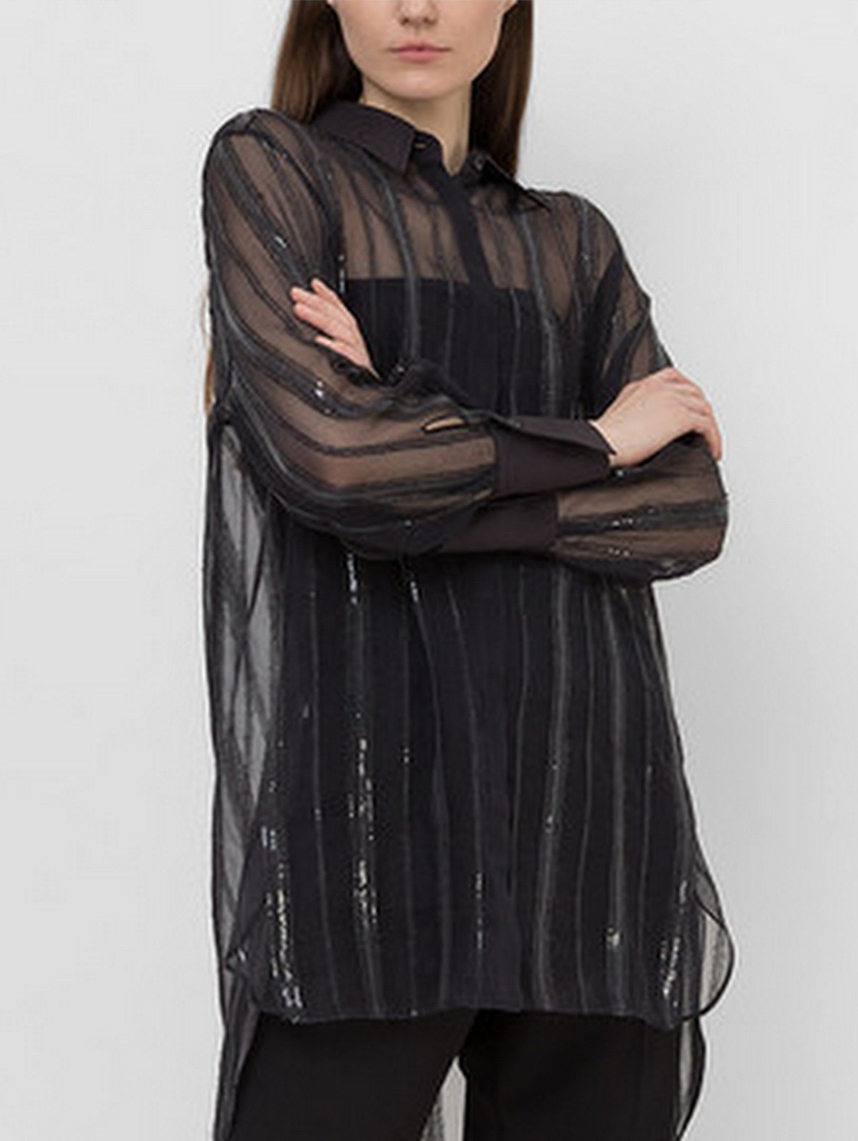 Black sheer button-down shirt from the Sequin-Stripe Silk-Blend Semi-Sheer Blouse