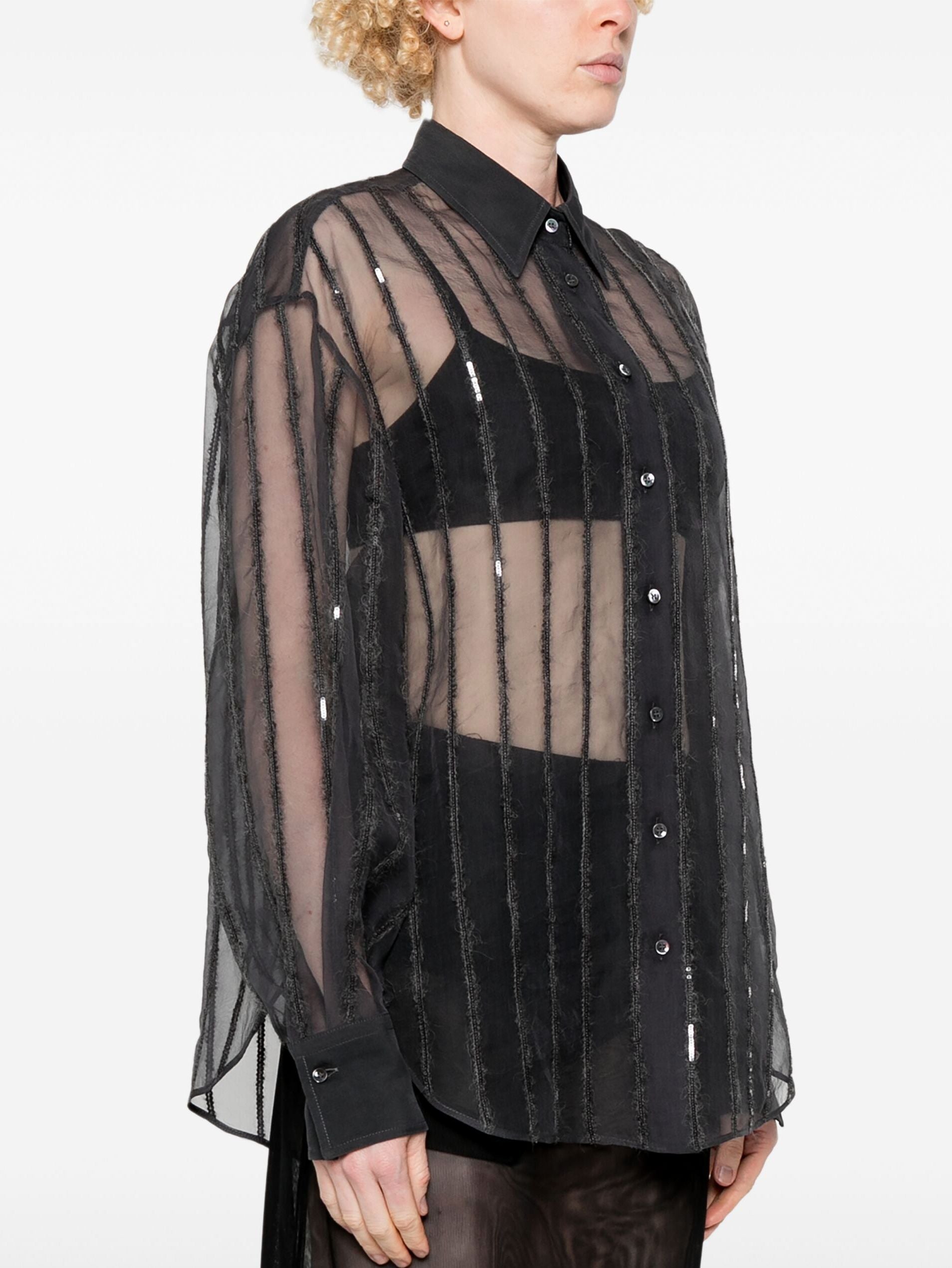 Black sheer button-down shirt featuring sequin-stripe silk-blend semi-sheer design
