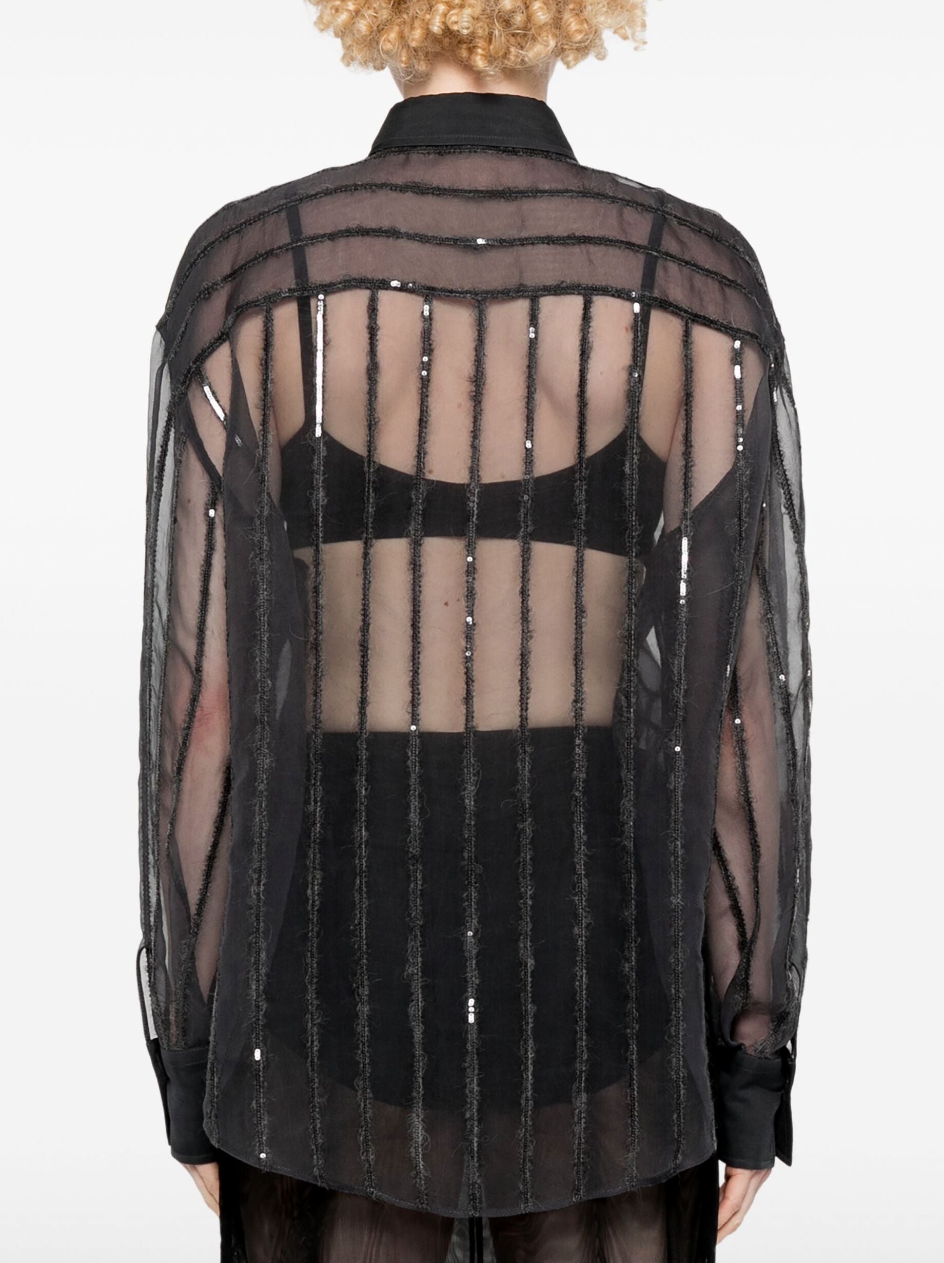Black sheer sequined blouse from Sequin-Stripe Silk-Blend Semi-Sheer collection