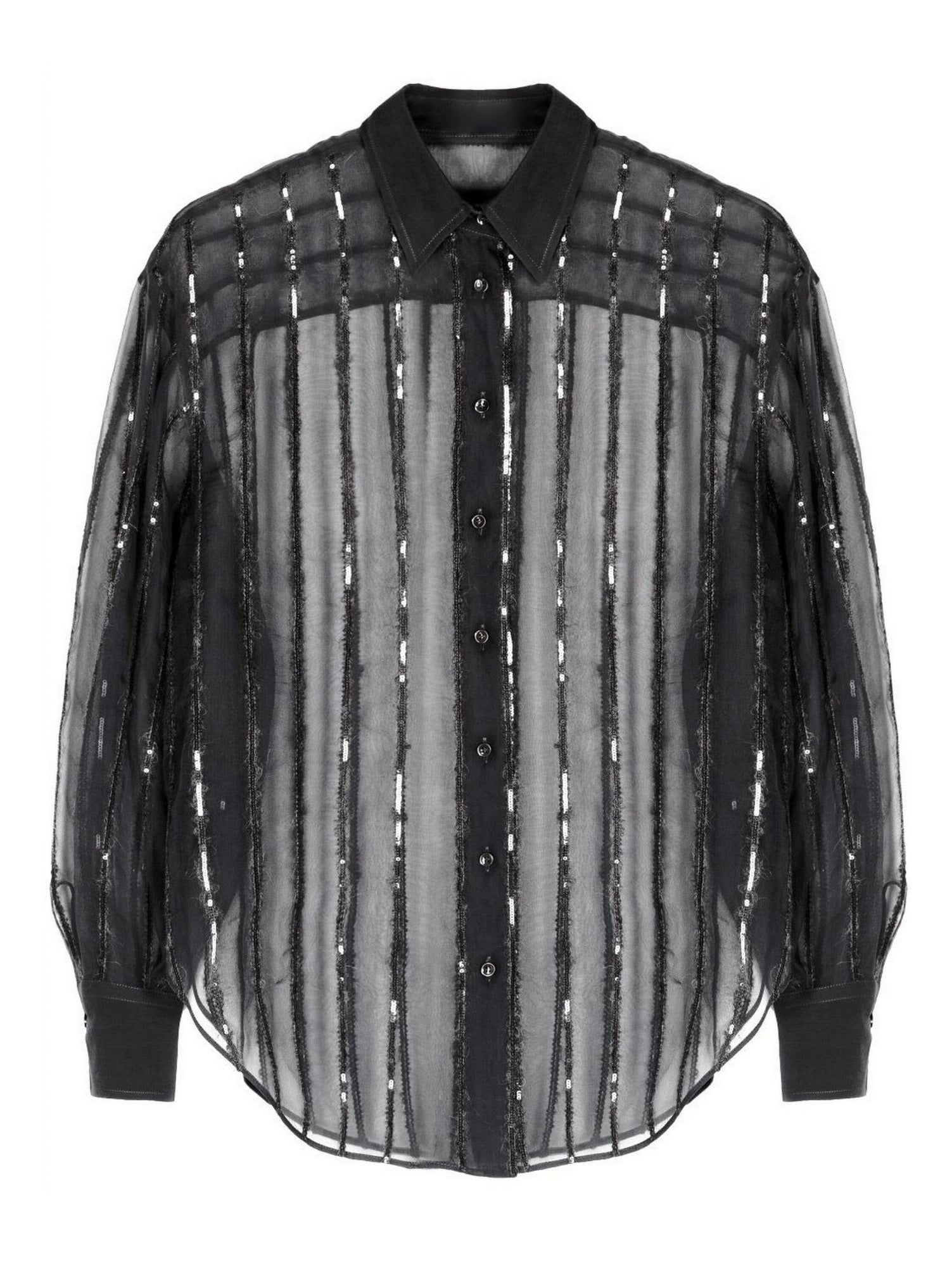Black sheer striped button-down shirt in Sequin-Stripe Silk-Blend Semi-Sheer Blouse