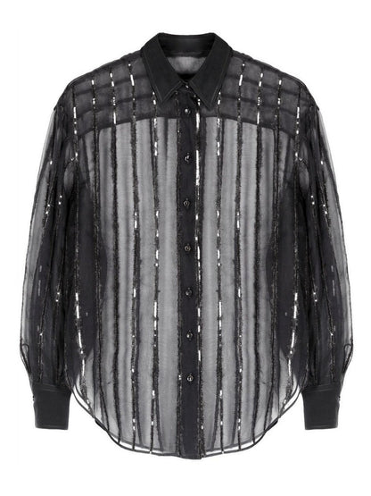 Black sheer striped button-down shirt in Sequin-Stripe Silk-Blend Semi-Sheer Blouse