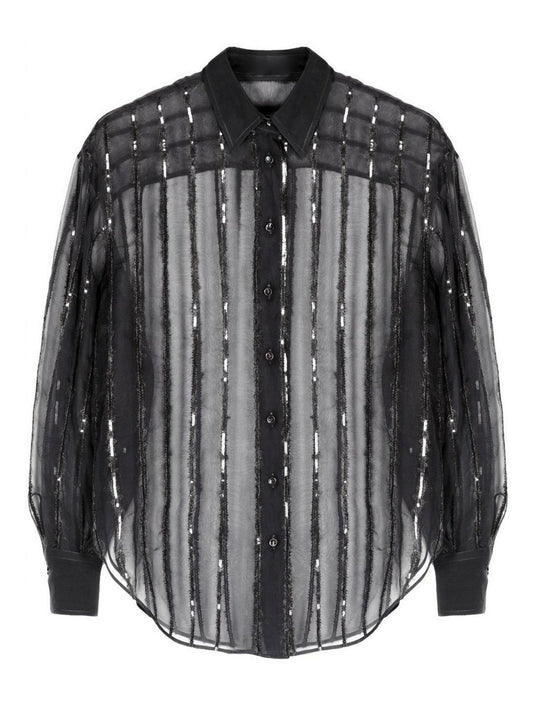 Black sheer striped button-down shirt in Sequin-Stripe Silk-Blend Semi-Sheer Blouse