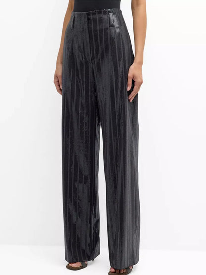 Black striped sequin-stripe wide-leg pants for a stylish and trendy outfit