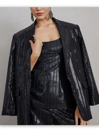 Sequin-Striped Single-Breasted Blazer - Jackets