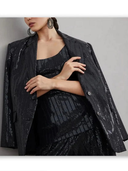 Sequin-Striped Single-Breasted Blazer - Jackets