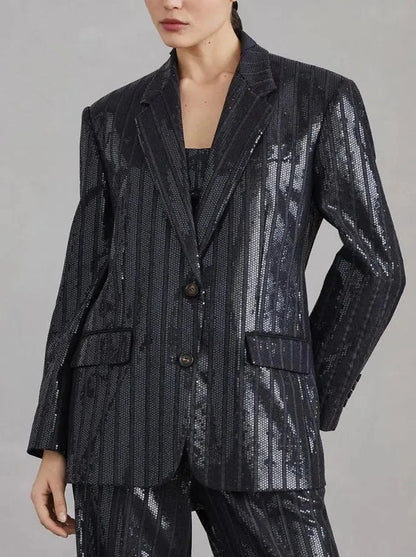 Sequin-Striped Single-Breasted Blazer - Jackets
