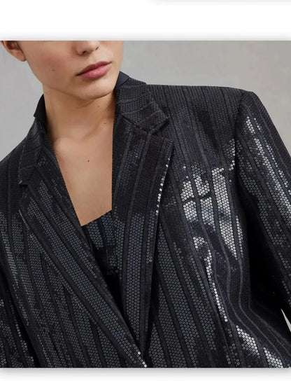 Sequin-Striped Single-Breasted Blazer - Jackets