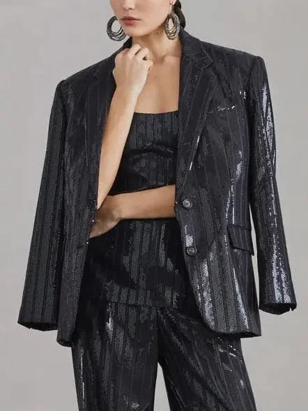 Sequin-Striped Single-Breasted Blazer - Jackets