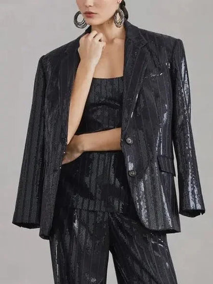 Sequin-Striped Single-Breasted Blazer - Jackets