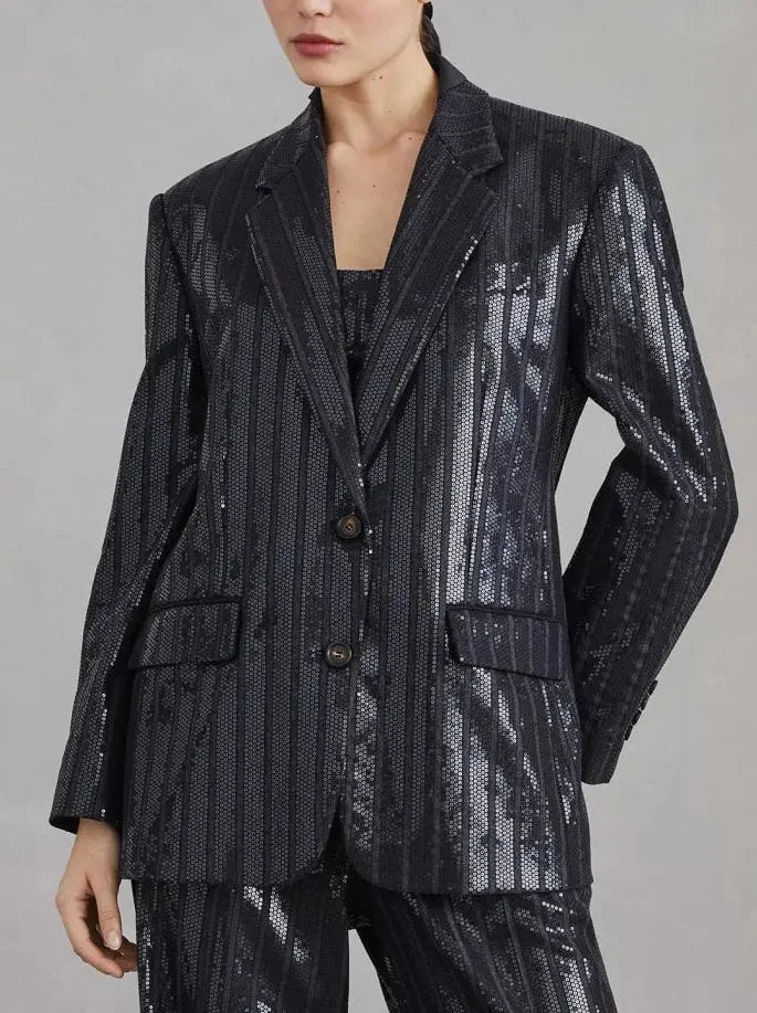 Sequin-Striped Single-Breasted Blazer - Jackets