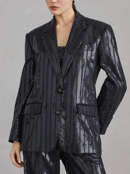 Sequin-Striped Single-Breasted Blazer - Jackets