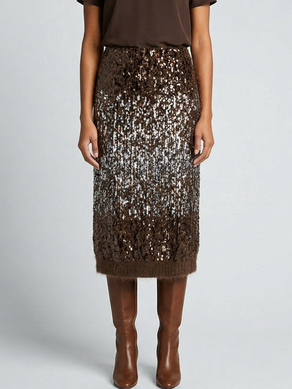 Sequin Wool-Blend Knit Midi Skirt - Skirts