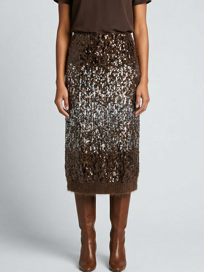 Sequin Wool-Blend Knit Midi Skirt - Skirts