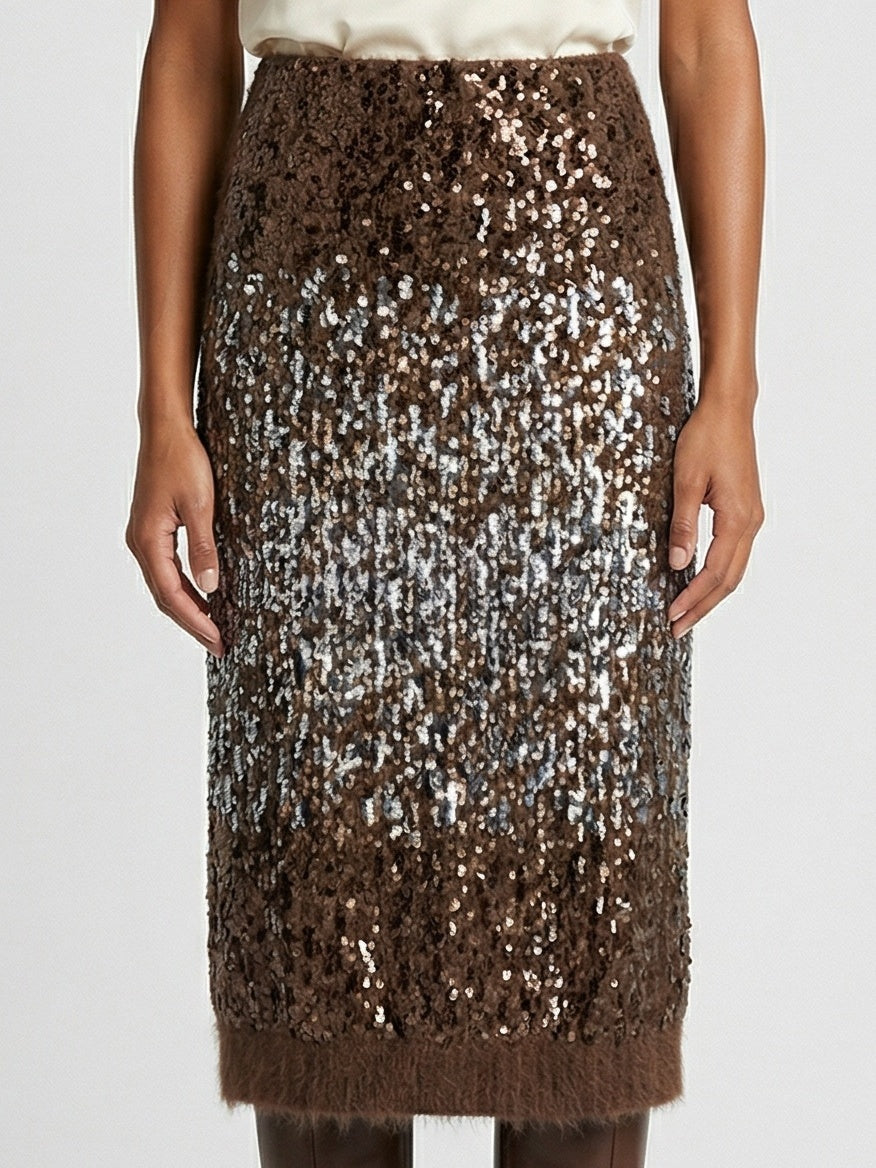 Sequin Wool-Blend Knit Midi Skirt - Skirts