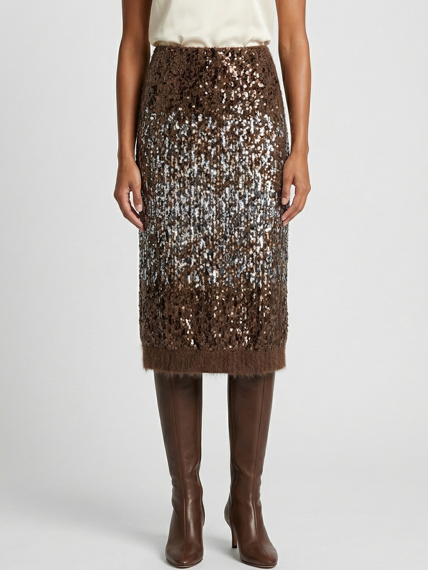 Sequin Wool-Blend Knit Midi Skirt - Skirts