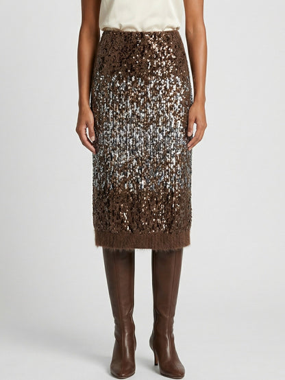 Sequin Wool-Blend Knit Midi Skirt - Skirts