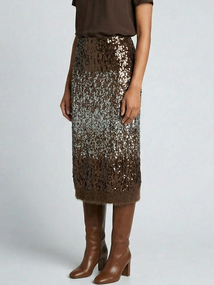 Sequin Wool-Blend Knit Midi Skirt - Skirts