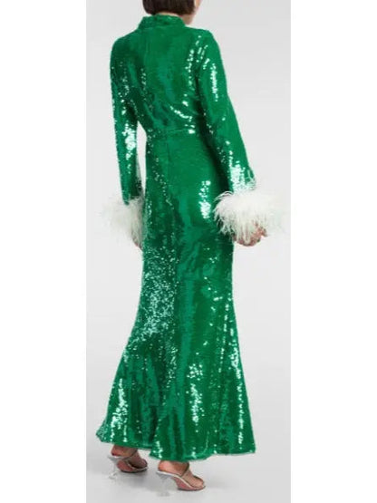 Sequined Feather-Trimmed Gown Green - Dresses