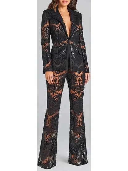 Sequined Sheer Lace Blazer and Pant Suit in Black - s - Suits & Sets