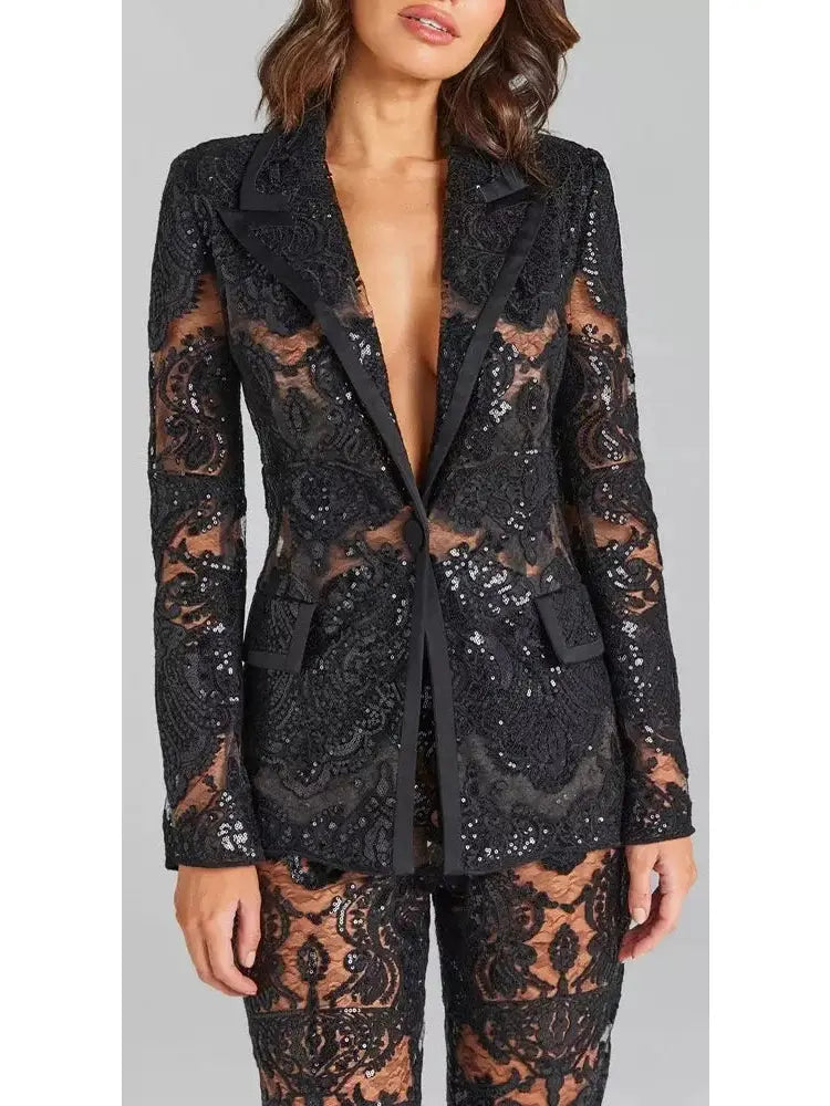 Sequined Sheer Lace Blazer and Pant Suit in Black - Suits & Sets