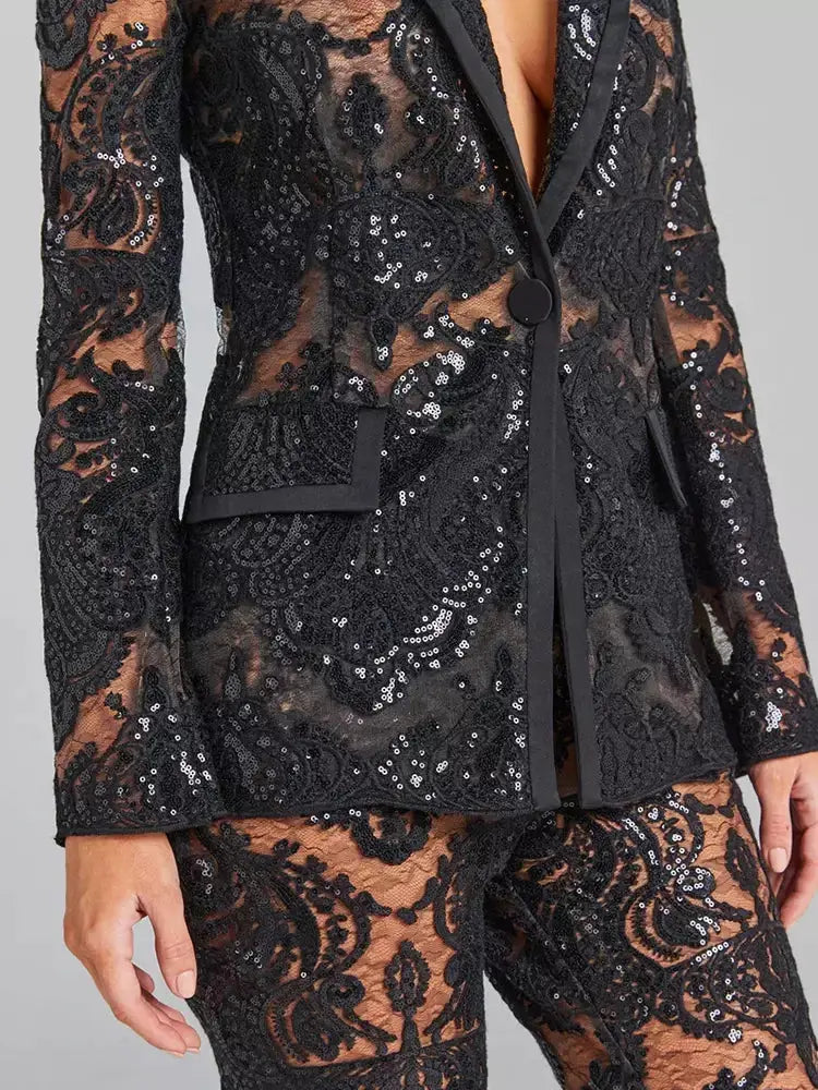 Sequined Sheer Lace Blazer and Pant Suit in Black - Suits & Sets