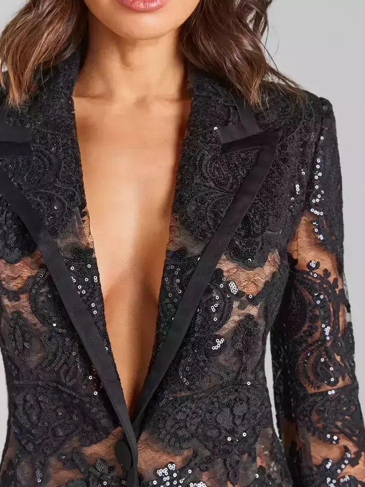 Sequined Sheer Lace Blazer and Pant Suit in Black - Suits & Sets