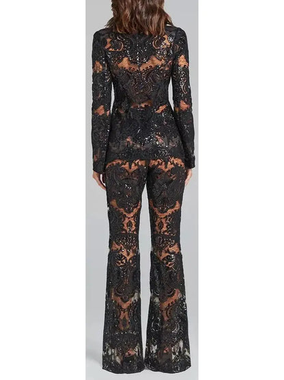 Sequined Sheer Lace Blazer and Pant Suit in Black - Suits & Sets