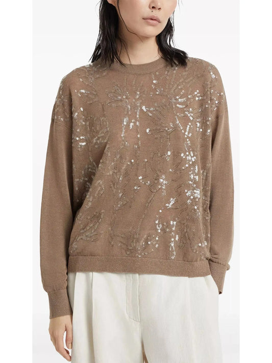 Sequined Wool Cashmere and Silk Sweater in Beige - Sweaters & Knitwear