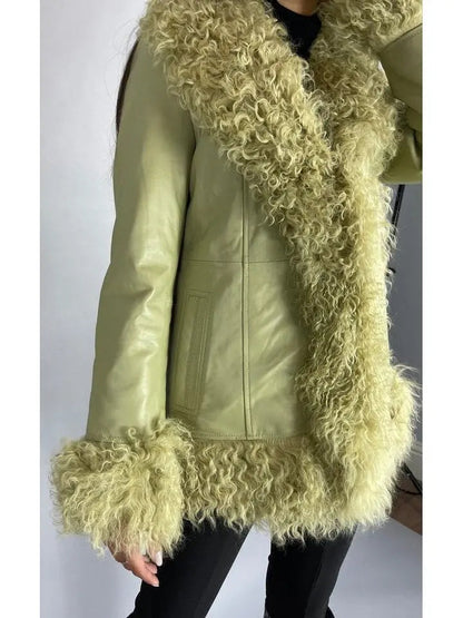 Shearling-Fringed Leather Jacket Green - Jackets