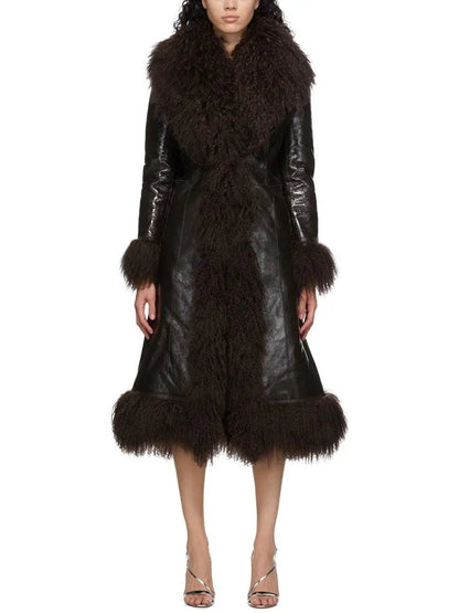 Shearling-Fringed Long Leather Coat - Coats