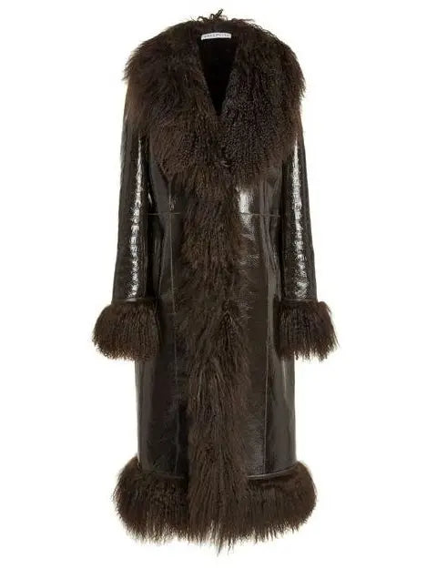 Shearling-Fringed Long Leather Coat - Coats