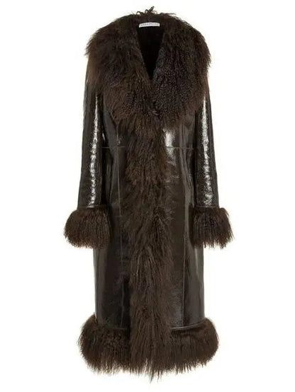 Shearling-Fringed Long Leather Coat - Coats