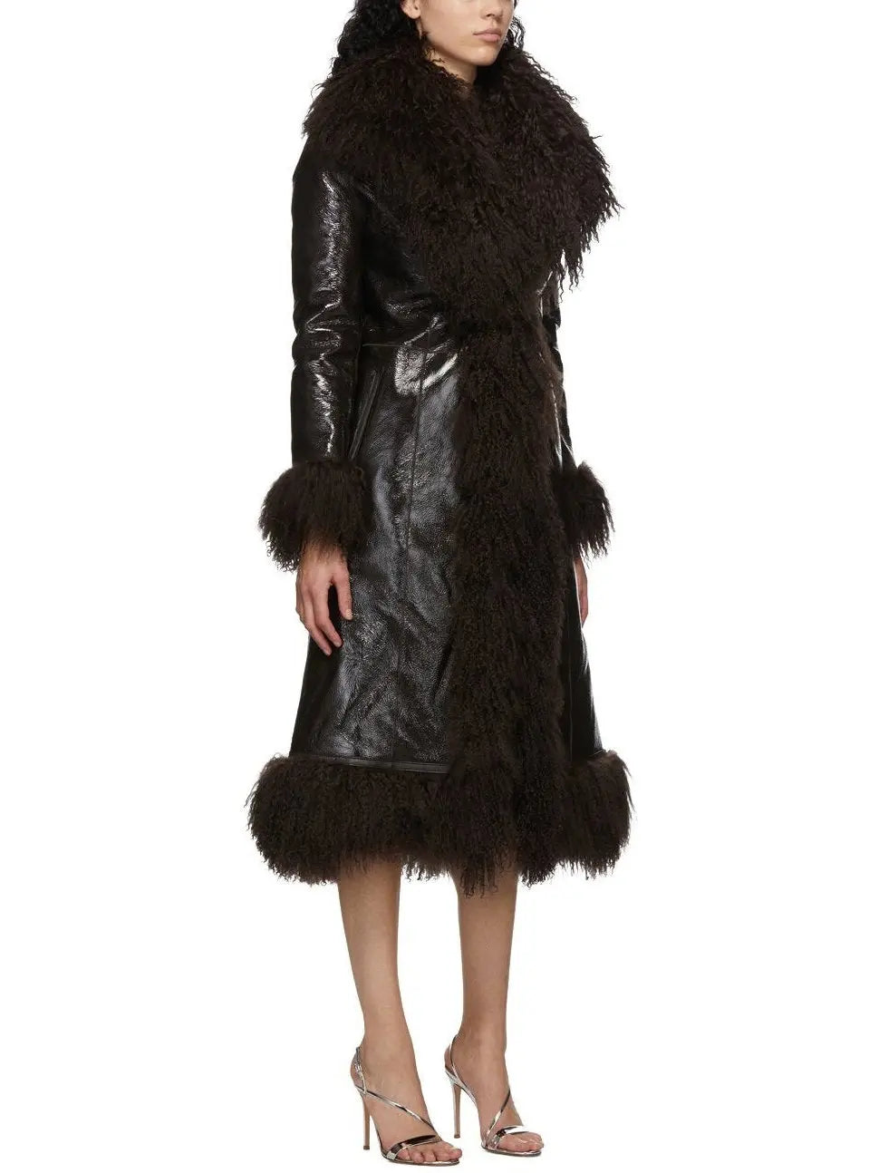 Shearling-Fringed Long Leather Coat - Coats