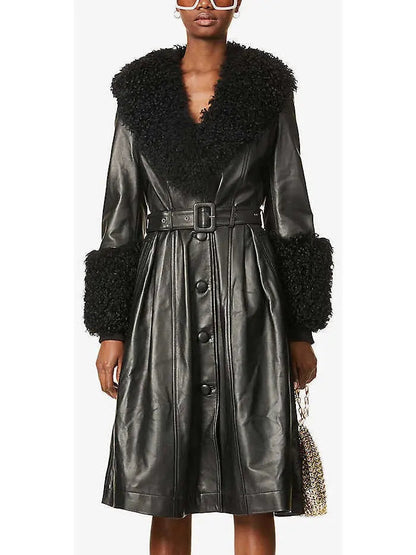 Shearling-Trim Leather Coat Black - Coats