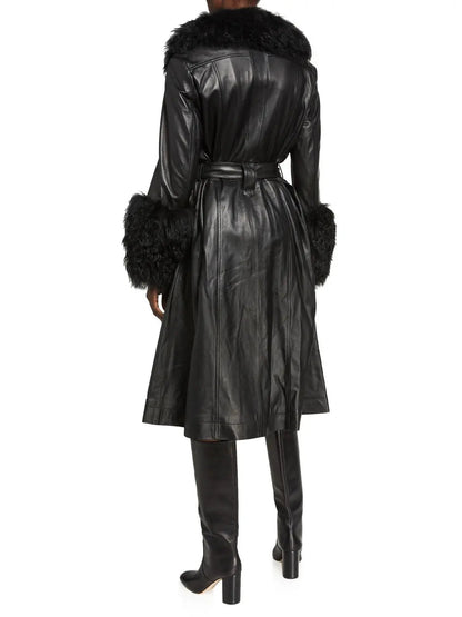 Shearling-Trim Leather Coat Black - Coats