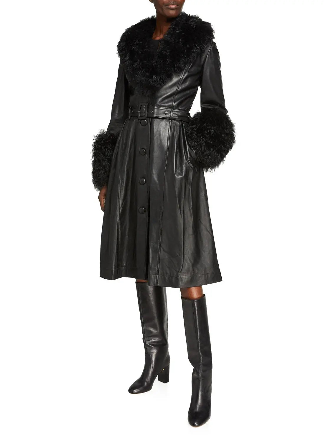 Shearling-Trim Leather Coat Black - Coats