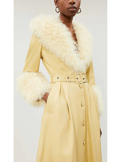 Shearling-Trim Leather Coat Yellow - Coats