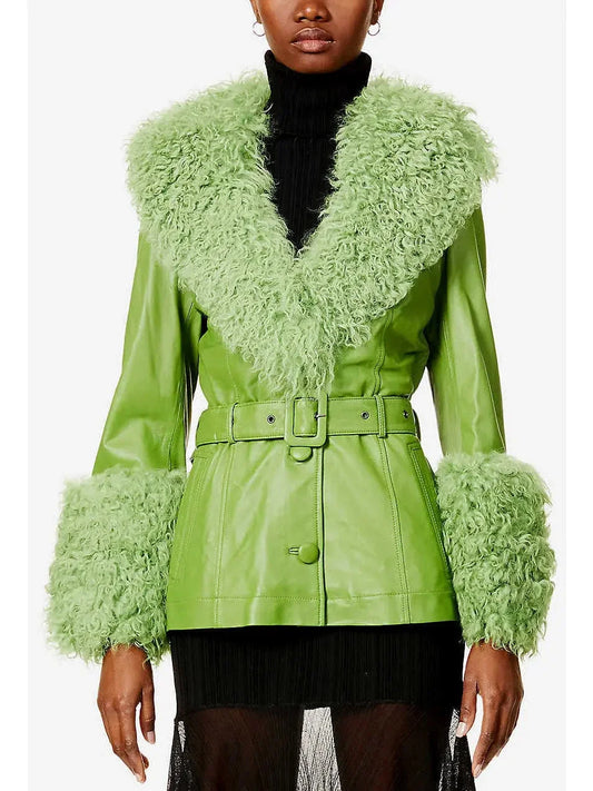 Shearling-Trim Leather Jacket-Light Green or Green - Jackets