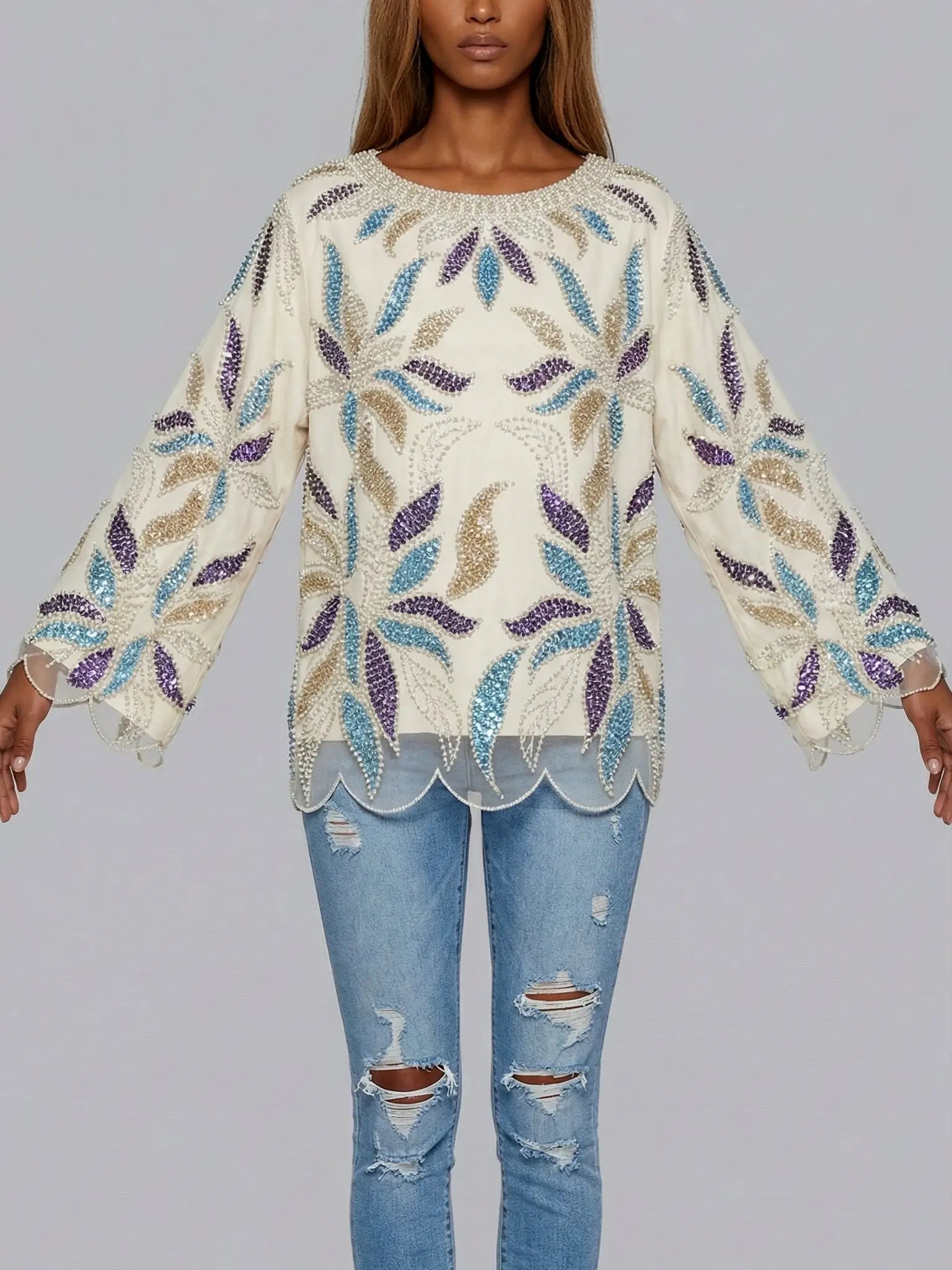 Scalloped Beaded & Sequin Embellished Top - Tops