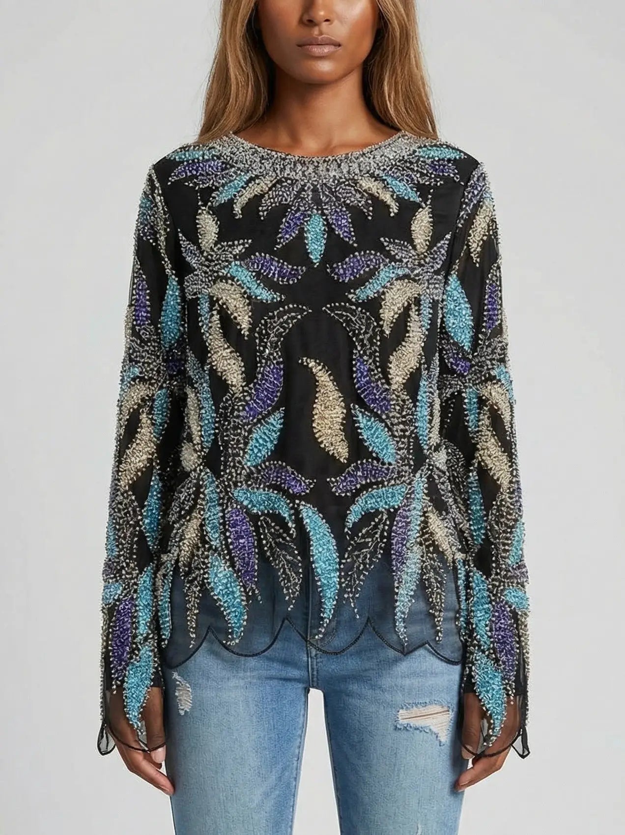 Scalloped Beaded & Sequin Embellished Top - S / Black - Tops