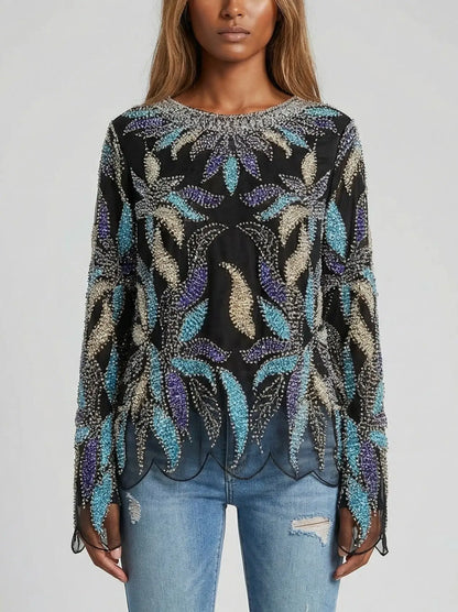 Scalloped Beaded & Sequin Embellished Top - S / Black - Tops