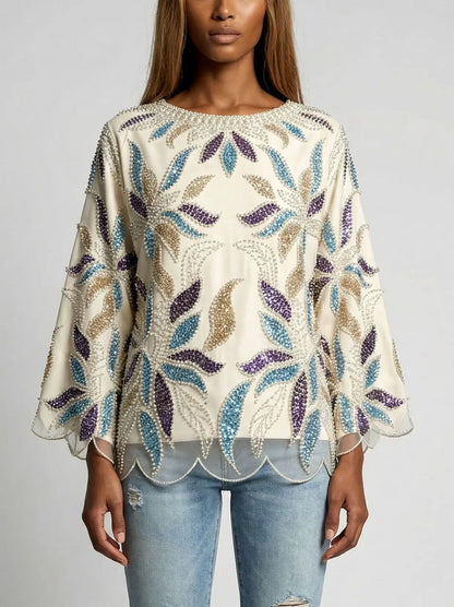 Scalloped Beaded & Sequin Embellished Top - S / Cream - Tops