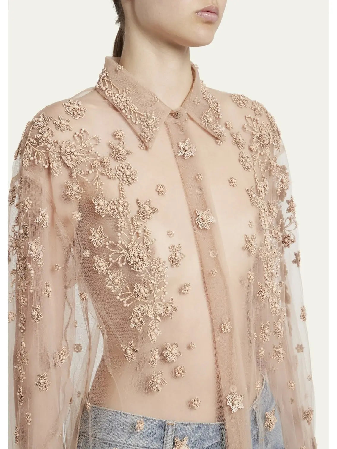 Sheer Embroidered Shirt - Tops