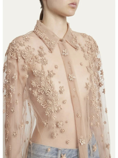 Sheer Embroidered Shirt - Tops