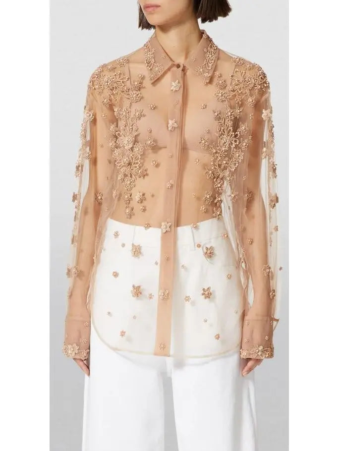 Sheer Embroidered Shirt - Tops