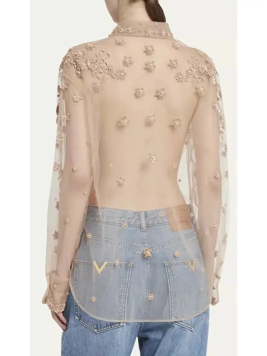 Sheer Embroidered Shirt - Tops