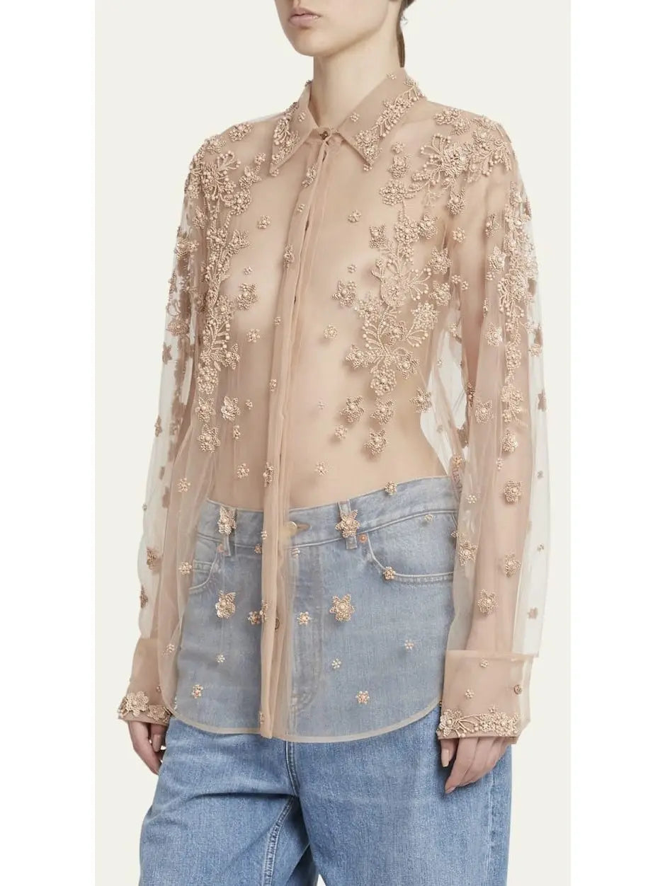 Sheer Embroidered Shirt - Tops